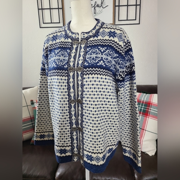 Carroll Reed Sweaters - VTG Carroll Reed Nordic Fair Isle Wool Cardigan Sweater Size XL Metal Clasp Snow